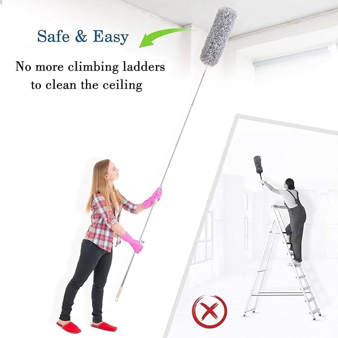 Image of Microfiber Feather Duster with Bendable Head & 100 Inch Extendable Stainless Steel Pole | Long Handle Washable Cleaning Brush for Ceiling Fans, Blinds, Walls, Furniture & Car Interiors
