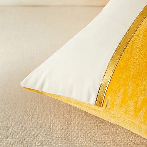 Image of Fancy Homi 2 Packs Decorative Throw Pillow Covers 12x20 Inch for Living Room Couch Bed, Yellow and White Velvet Patchwork with Gold Leather, Luxury Modern Home Decor, Lumbar Cushion Case 30x50 cm