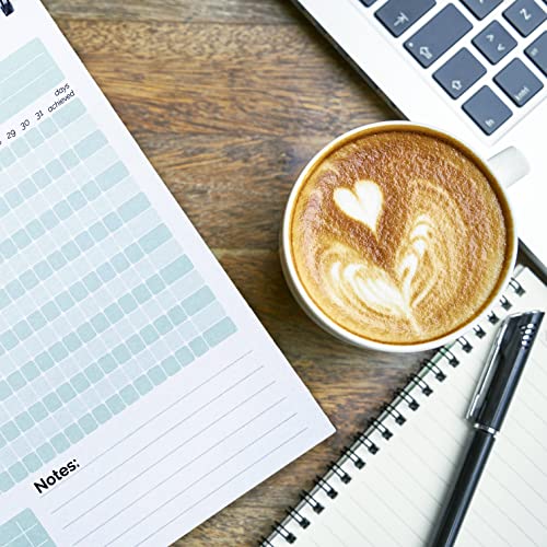 Habit tracker sheet beside a notebook, pen, laptop, and cup of coffee on a wooden desk.