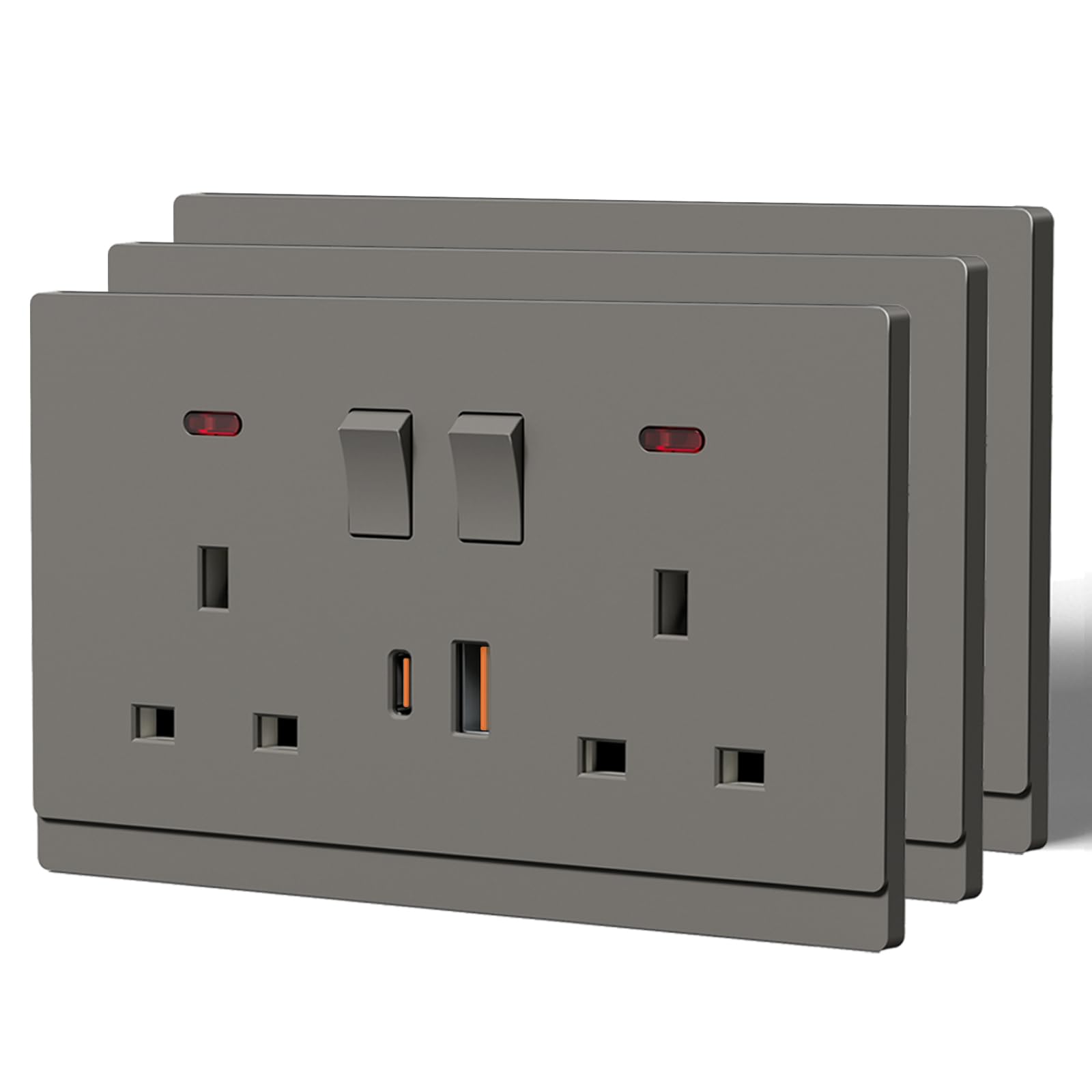 BSEED Double Socket with 20W USB C Fast Charging,Tactile Finish Switched Wall Sockets,13A Electric Power Outlet,Individual Control & LED Indicator,Designer Wall Plate,Double(20W)-3 Pack,146mm Grey