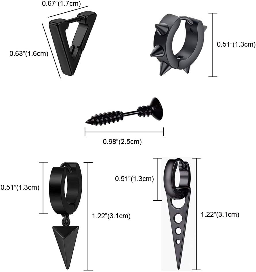 5 Pairs Punk Style Stainless Steel Black Tone Geometric Triangle Rivet Surgical Huggie Hoop Earrings Screw Nail Stud Earrings Gift for Men Women Teen - Image 6