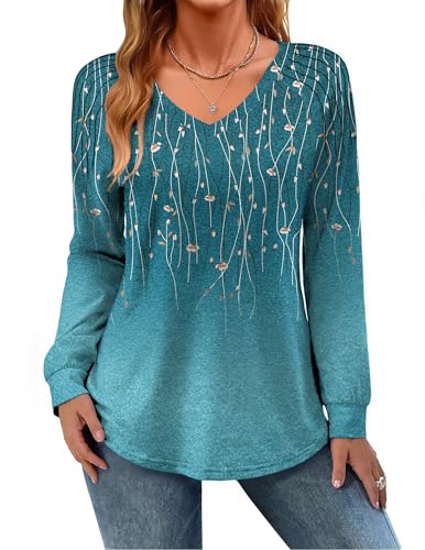 Zeagoo Long Sleeve Shirts for Women Casual Pleated V Neck Tops Fall Dressy Boho Blouses Work Clothes Tunics T-Shirts Blue-Green