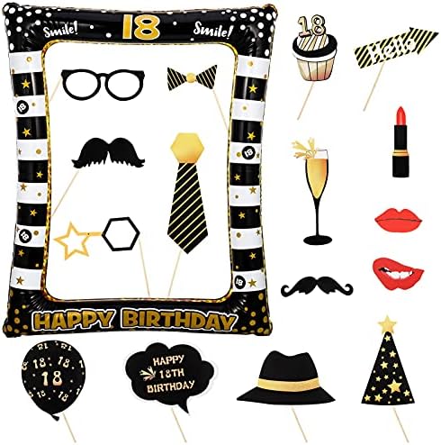 SOSPIRO 17pcs 18th Birthday Party Photo Booth Props and Inflatable Photo Frame, Selfie Photo Booth Frame Blow Up Black Gold 18th Party Decorations for Him Her Adults Boys Girls