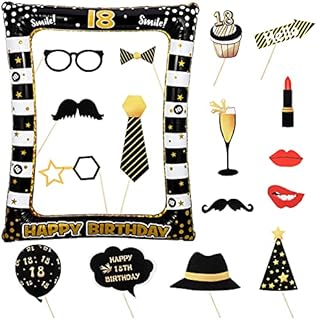 SOSPIRO 17pcs 18th Birthday Party Photo Booth Props and Inflatable Photo Frame, Selfie Photo Booth Frame Blow Up Black Gold 18th Party Decorations for Him Her Adults Boys Girls