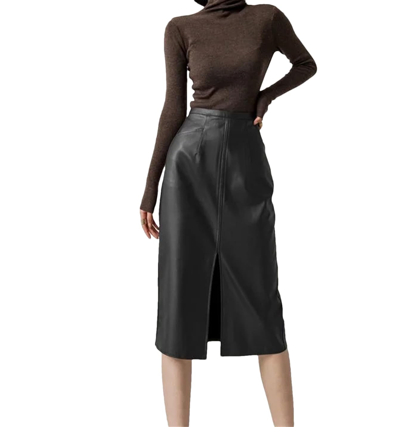 Gonne in pelle PU per le donne a vita alta autunno dritto elegante Split Midi gonne