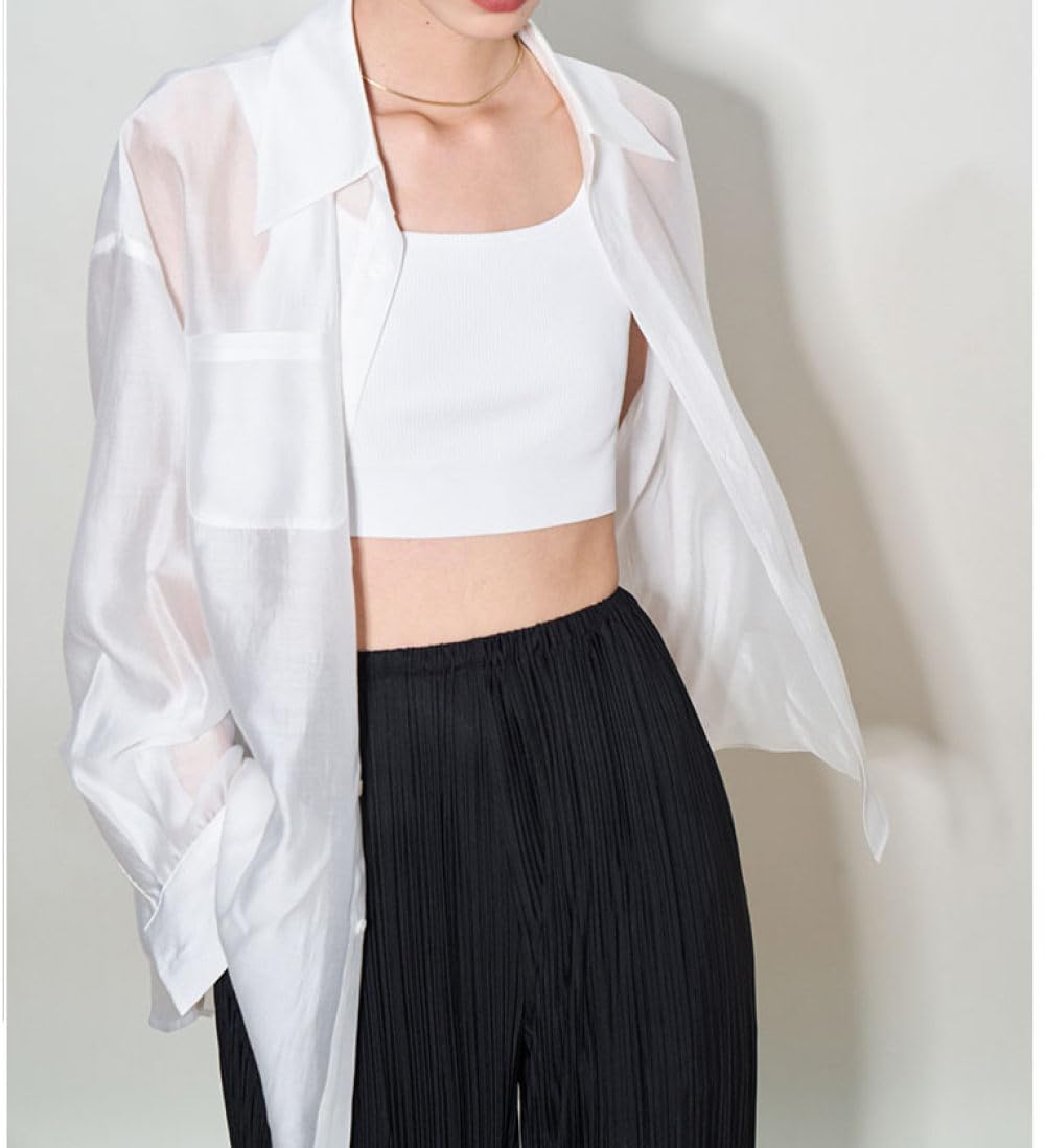 Damen Hemd,Damenbluse, Langärmelige Hemden, Weiß, Leichtes Hemd Mit Reversknöpfen, Durchsichtig, Überzug Mit Tasche, Elegante Strickjacke, Kimono-Arbeitshemd, Leichte Dünne Jacke Für Mädchen