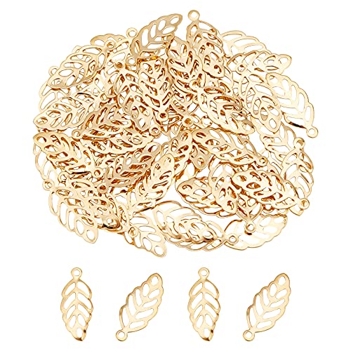 UNICRAFTALE about 120pcs Golden Leaf Charms Stainless Steel Leaf Pendants Metal Hollow Leaf Earring Charms Bracelet Pendants Clear-veined Leaf Charms for Necklace Jewelry Making Hole 1mm