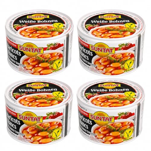 4er Pack SUNTAT Weiße Bohnen in Tomatensauce vegan, tafelfertig, 4 × 400 g