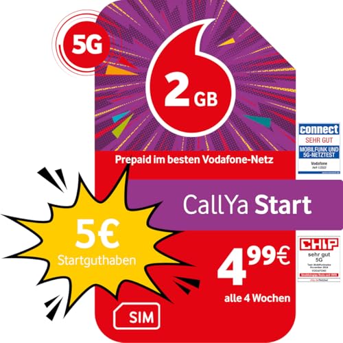 Vodafone Prepaid CallYa Start | 2 GB | 5 EUR Startguthaben | ohne Vertrag | 5G-Netz | Telefon- SMS-Flat | EU-Roaming