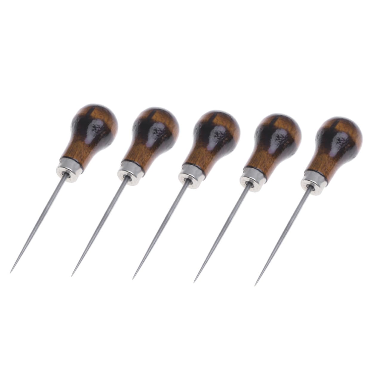5pcs Wooden Handle Sewing Awl Tool Set for DIY Crafting Precision Awls for Leather Quilting and Stitching Sturdy Steel Needles