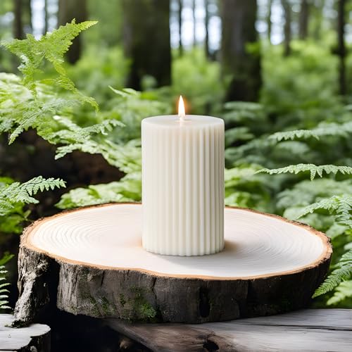 Image of Luces White Soy Wax Pillar Candle Set Of 3 Pcs Ribbed Vanilla Scented Pillar Candles For Home Decor Diwali Wedding Valentine Church X-Mass Spa Dinner Table