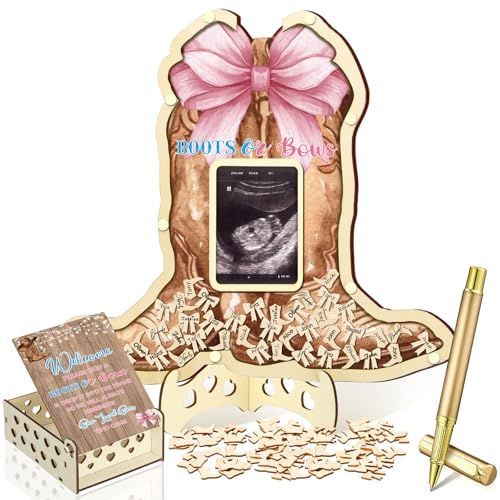 Image of Wenqik 63 Pcs Boots or Bows Gender Reveal Baby Shower Guest Book Alternatives Set Baby Shower Decorations with Photo Frame Sonogram Frame Keepsake 60 Wood Slices Guest Book for Birthday
