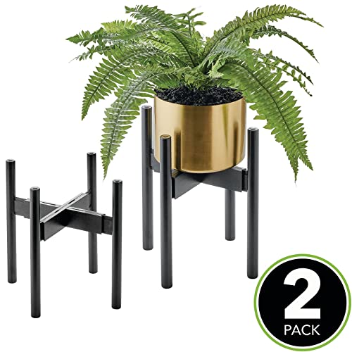 Mdesign Bamboo Wood Adjustable Plant Stand, Stackable Modern Mid Century Planter Holder; For Floor, Table; Base Adjusts To Fit 8-12 Inch Pot; Display Small, Large, Indoor Plants - 2 Pack - Black #TOP1