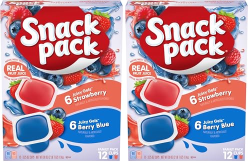 Snack Pack Strawberry and Berry Blue Flavored Juicy Gels Cups,3.25 oz.,12-Count Family Package,(Pack of 2)