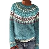 HUIFUAO Jersey Fairisle Mujer Talla Grande Suéter Noruego Nórdico Islandés Invierno Cálido Grueso Jerseys de Navidad Ropa de Punto Vintage Suave Suéter Navidad Manga Larga Tops, azul, M