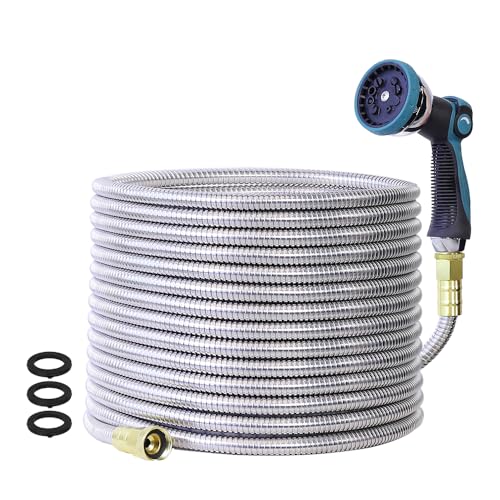 100FT Garden Hose, Stainless Steel Water Hose, Flexible with a 10-Mode Nozzle Sprayer, No Kink, Lightweight, Puncture Proof, Ideal for Yard, Lawn, Outdoor, 5/8'' Outside Diameter