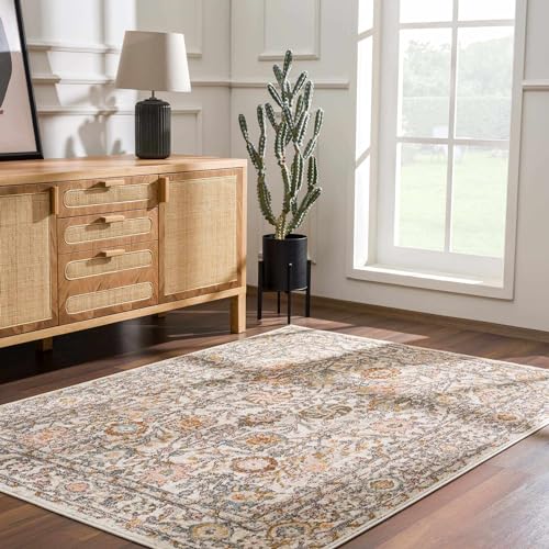 Image of Hauteloom Herstmonceux Traditional Living Room Bedroom Soft Natural Area Rug - Oriental Floral Farmhouse Carpet - Boho, Modern Vintage - Cream, Pink, Salmon, Orange, Brown - 5'2" x 7'3"