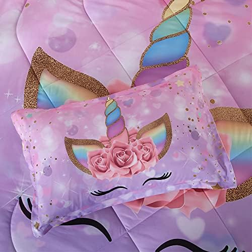 qjmiaofang Magical Unicorn Comforter Set Twin Size for Girls Cute Unicorn Kids Bedding Set Princess Floral and Hearts Pattern Bed Set 3 Pieces Girls Quilt Set with 2 Pillowcases Home Bedroom Decor 4 51S962+AW5S. AC