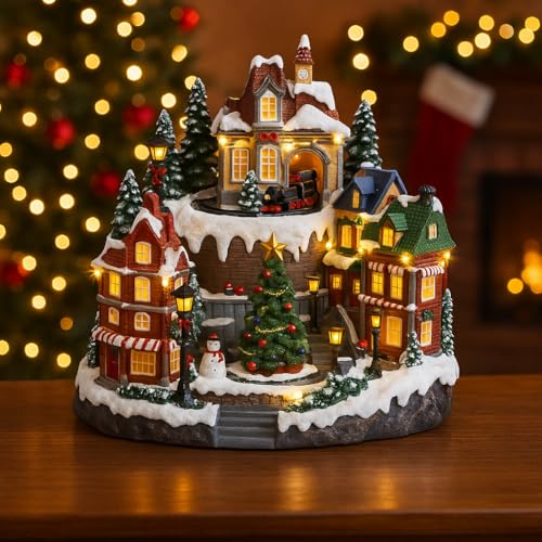 VARZI Carillon Natalizio Villaggio Luminoso con Trenino, Case e Albero di Natale, 37 LED fissi, Decorazione Festiva Interna, Perfetta per Le Feste 30cm 1956