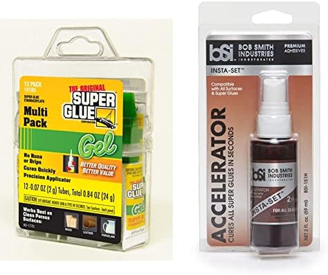 Super Glue 15185 Gel, 12-Pack, 07oz Tubes & Bob Smith Industries BSI-151H Insta-Set Super Glue Accelerator, Clear, 2 fl. oz.