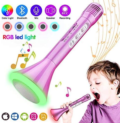 Kids Microphone, Wireless Portable Karaoke Microphone for Kids with Bluetooth Speaker and Colors Changing LED Lights for Home Party KTV Birthday Gift Compatible with PC/iPad/iPhone/Smartphone