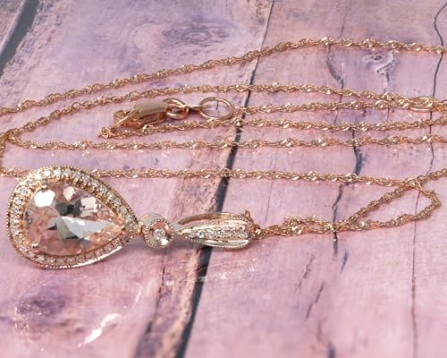 14K Rose Gold Genuine Morganite 1-5/8Ct Pear Shape with Diamond Drop Pendant Necklace4