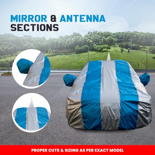 Image of Autofact Waterproof Car Body Cover Compatible with Honda City Ivtech (2009 to 2013) with Mirror and Antenna Pockets (Blue Stripes with Shinning Silver Fabric /Waterproof Cover)