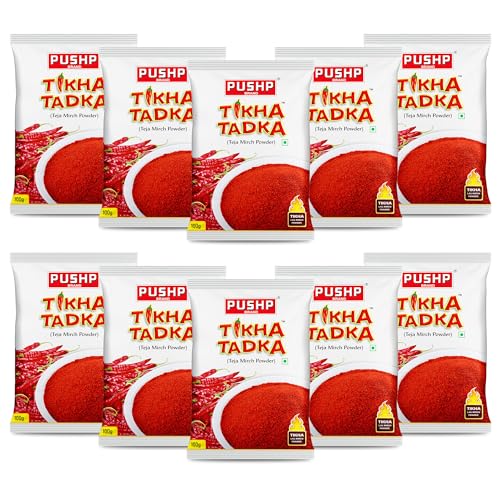 Image of Pushp Spicy Red Chilli Powder 100gm | Pack of 10 | Tikha Tadka Lal Mirchi Powder | Premium Quality | Rich Color | Strong Aroma | Perfect for Indian Dishes |