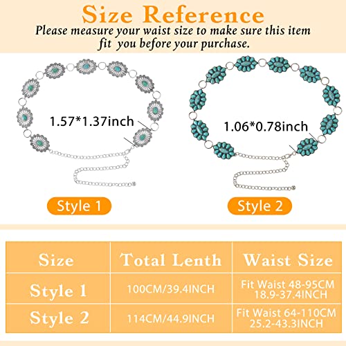 2 Pcs Turquoise Concho Chain Belt Adjustable Waist Belts for Women Western Metal Silver Belt for Dress Womens Turquoise Belt(Elegant Style)2