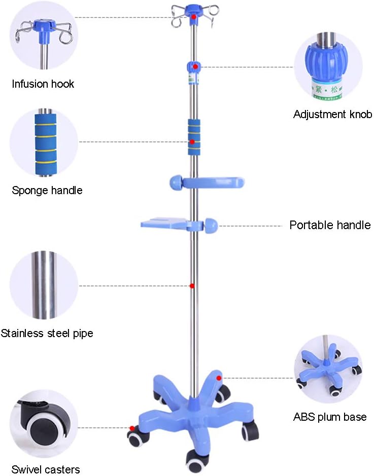 IV Pole IV Pole Stand,Portable Height Adjustable Infusion Stand Stainless Steel IV Bag Holder With 4 Hooks 5 Caster For Hospital Clinic And Home : Industrial & Scientific