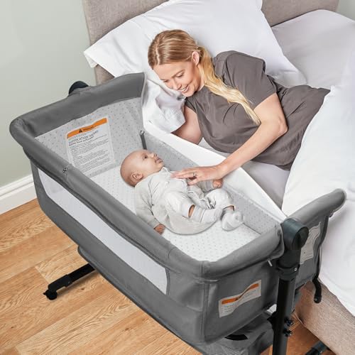 Image of BIERUM Bassinet, 4 in 1 Baby Basinet, Bedside Bassinet for Baby, Height Adjustable Bassinet Bedside Sleeper with Lockable Wheels & Mosquito Nets, Large Storage Bag & Comfortable Mattresses Included.