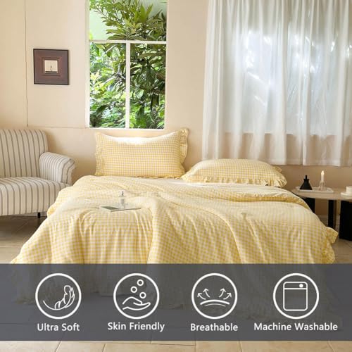 Image of NSNLGSGC Yellow Ruffle Gingham Comforter Set Queen, Pre-Washed Ruffled Plaid Checked Comforter Bedding, 3 Pieces Vintage Farmhouse Grid Bedding Set(Yellow Gingham, Queen)
