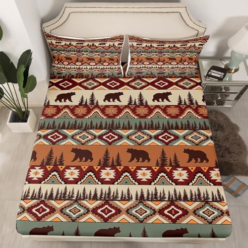 Loussiesd Juego de sábanas bajeras bohemias con diseño de oso para niños, niñas y adolescentes, estilo rústico, cabaña, campo, naturaleza, vida silvestre, oso, decoración de habitación, color marrón