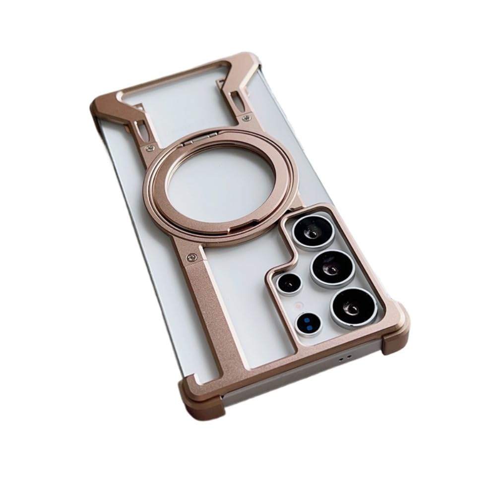 SNIDII Luxury Metal Frameless Magnetic Stand Phone Case for Samsung Galaxy S25 S24 S23 Ultra Aluminum Alloy Shockproof Cover (Gold,S23ultra)