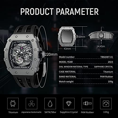 Image of TSAR BOMBA Men's Automatic Watch Tonneau Luxury Skeleton Watches for Men Mechanical 50M Waterproof Analogue Watches Mens Unique Cool Square Big Face Dial Wristwatch with Silicone Strap Band