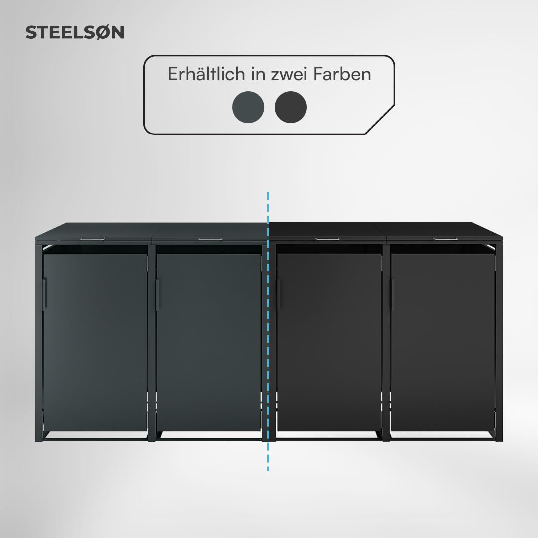 STEELSØN Thoria Mülltonnenbox 4er bis 240L – Mülltonnenverkleidung aus Stahl in Anthrazit – hochwertige Müllcontainer für 4 Tonnen – Müllbox wetterfest – UV-beständige Gerätebox/Mülltonnen Box