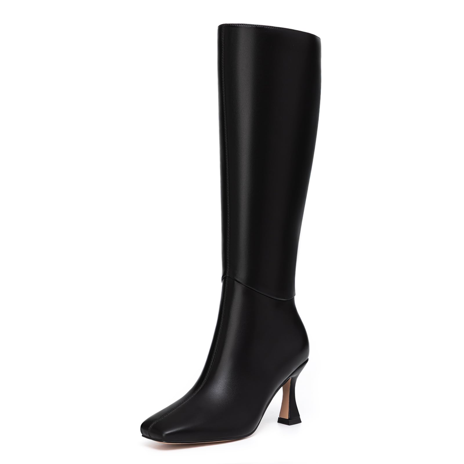 Athlefit Womens Kitten Heel Knee High Boots Square Toe High Heel Sexy Tall Boots with Side Zipper