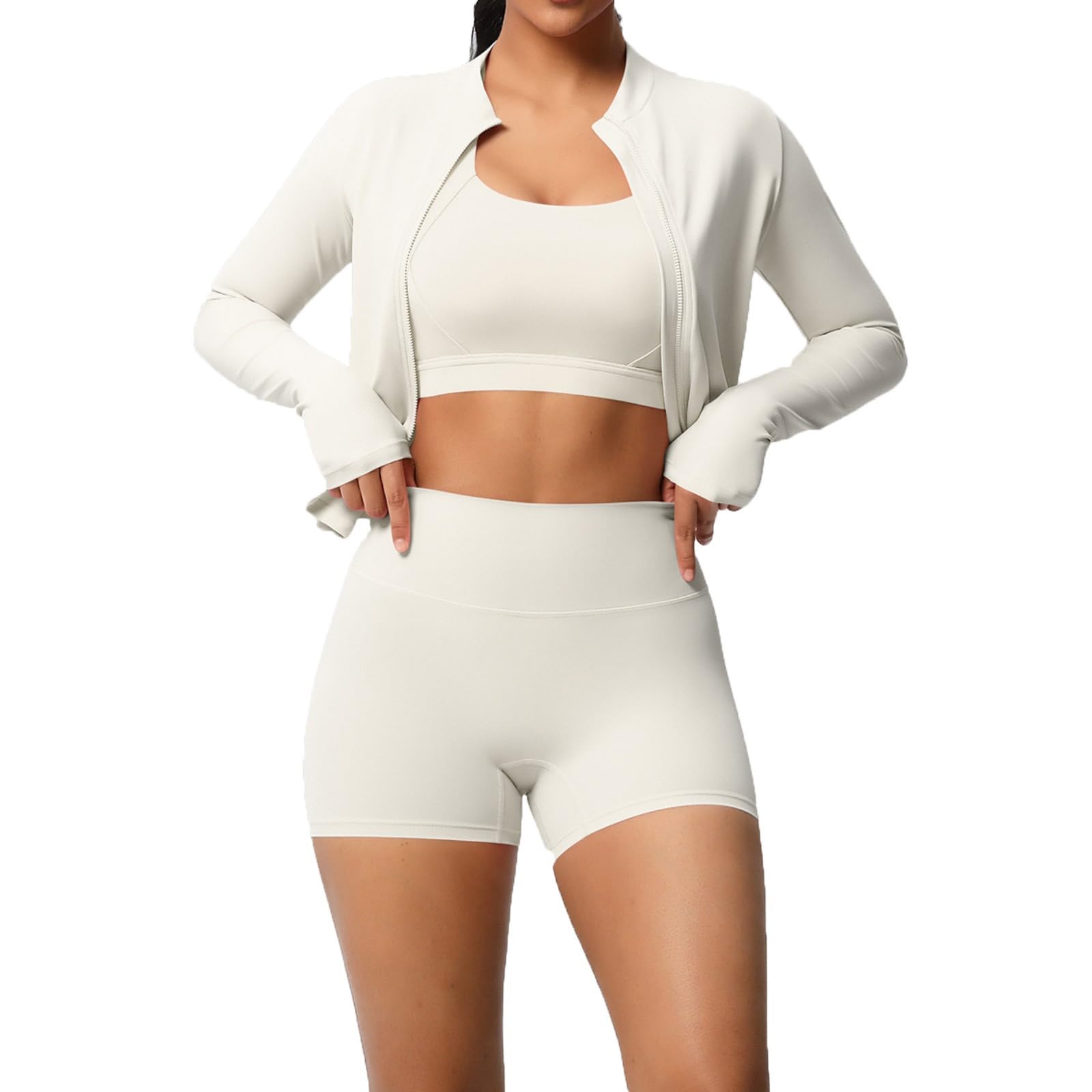 Ensemble Yoga Trois Pièces Haut Brossé Veste Sport Tenue Course Fitness Décontractée