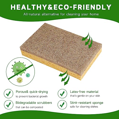Image of 10 Pack Biodegradable Natural Sponges Kitchen - Compostable Cellulose and Coconut Walnut Scrubber Sponge - Eco Friendly Sponges for Dishes