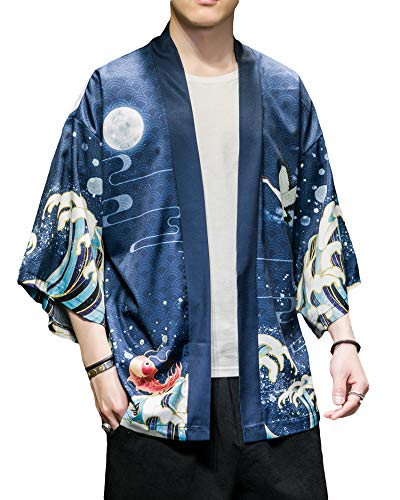 Image of Men's Japanese Kimono Robe Jacket Lightweight 3 /4 Sleeve Open Front Yukata | Silky Smooth Fashion Print Happi Coat Lightweight Breathable Loose Unisex Haori Casual Summer Cardigan Daily Beach Vacation