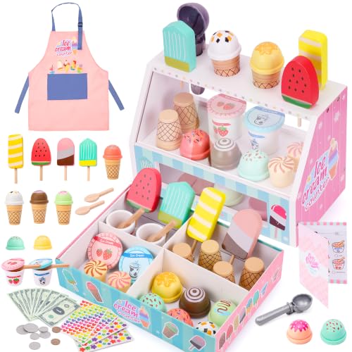 WIKITOT Ice Cream Toys for Kids 47 Pcs Wooden Role Play Toys for 3-7 Gifts
