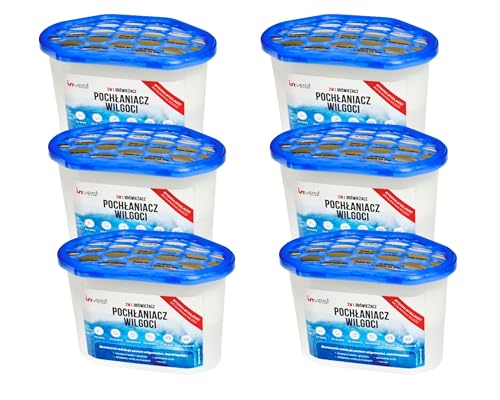 Invest Lot de 6 déshumidificateurs avec 230 g de recharge, déshumidificateurs en granulés pour cuisine, salle de bain, camping-car, sans électricité, absorbant l'humidité, protection contre les