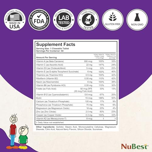 Image of NuBest Tall Kids - Multivitamins & Minerals for Age 2 to 9 - Bone Strength & Immunity Support - Helps Kids, Toddlers Healthy - Animal Shapes - 120 Chewable Berry Tablets | 2 Months Supply