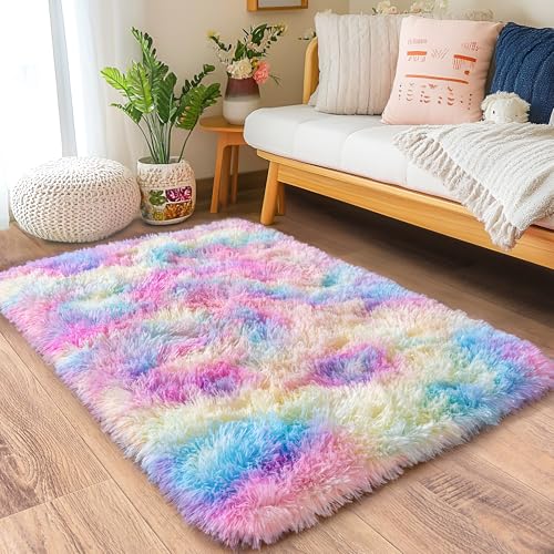 Small Area Rug, 2x3 Rainbow Rug for Bedroom Shaggy Throw Rugs for Girls Room, Soft Carpet for Kids Room, Plush Non-Slip Fluffy Bedside Rug for Living Room Nursery Dorm Home Decor