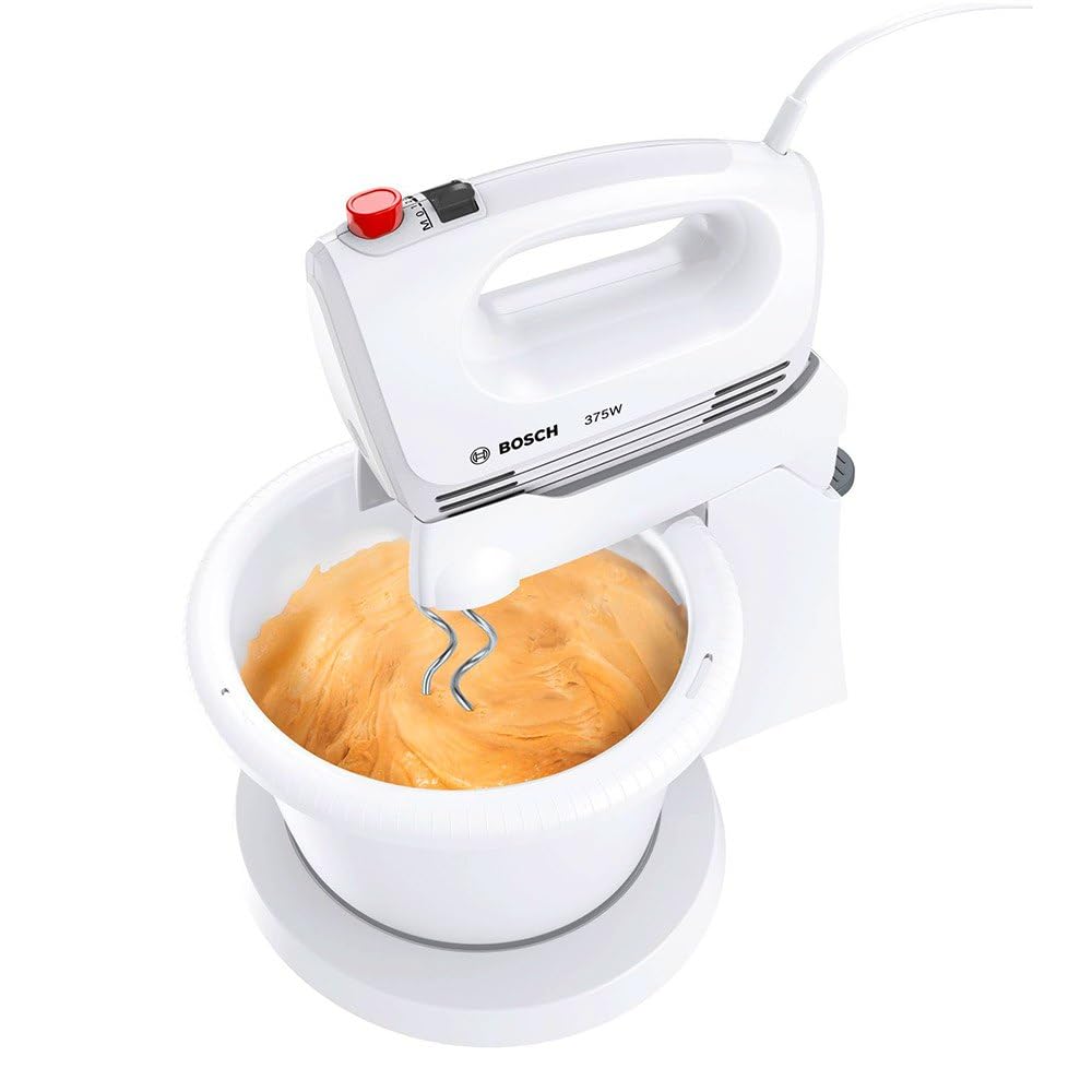 Bosch Hausgeräte MFQ2600W CleverMixx Handrührer, 375 Watt, Schüssel mit Geräteständer, 4 Stufen, weiß/rot