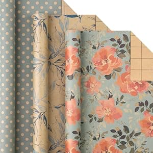 RUSPEPA Vintage Wrapping Paper with Tags, Jute String, Mini Roll, 17 inches x 10 feet per Roll, Total of 3 Rolls, Spring