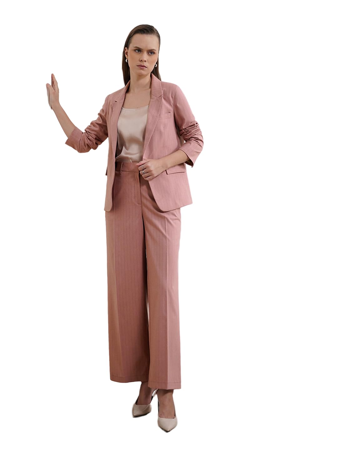 Women Formal Blazer & Trouser Set | Tailored Fit Notched Lapel Full Sleeves Striped Pattern | Polyester Blend & Lined Fabric for Workwear & Business Casual-image-45