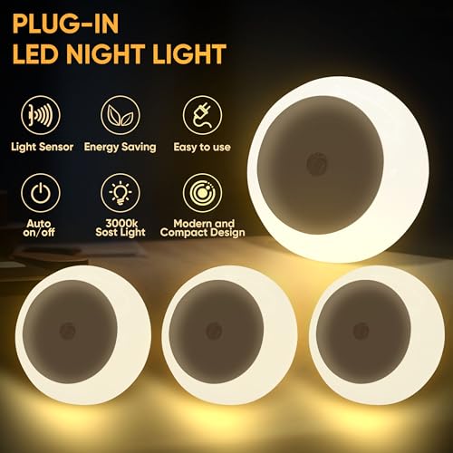 Image of LED Night Lights, Plug into Wall Night Light Lamp 4-Pack, 3000K 0.5W Dusk to Dawn Sensor, Plug in Nightlights Auto-On /Off for Bedroom, Bathroom, Kitchen, Stairs, Hallway Smart Home Warm White