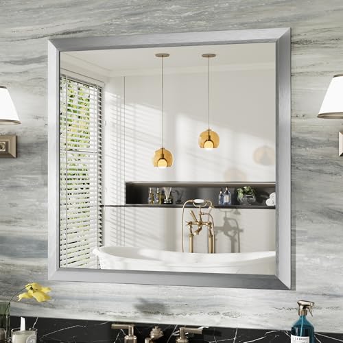 Image of Briivue Bathroom Wall Mirror, Silver Brushed Nickel Metal Frame, 36x36 Inch
