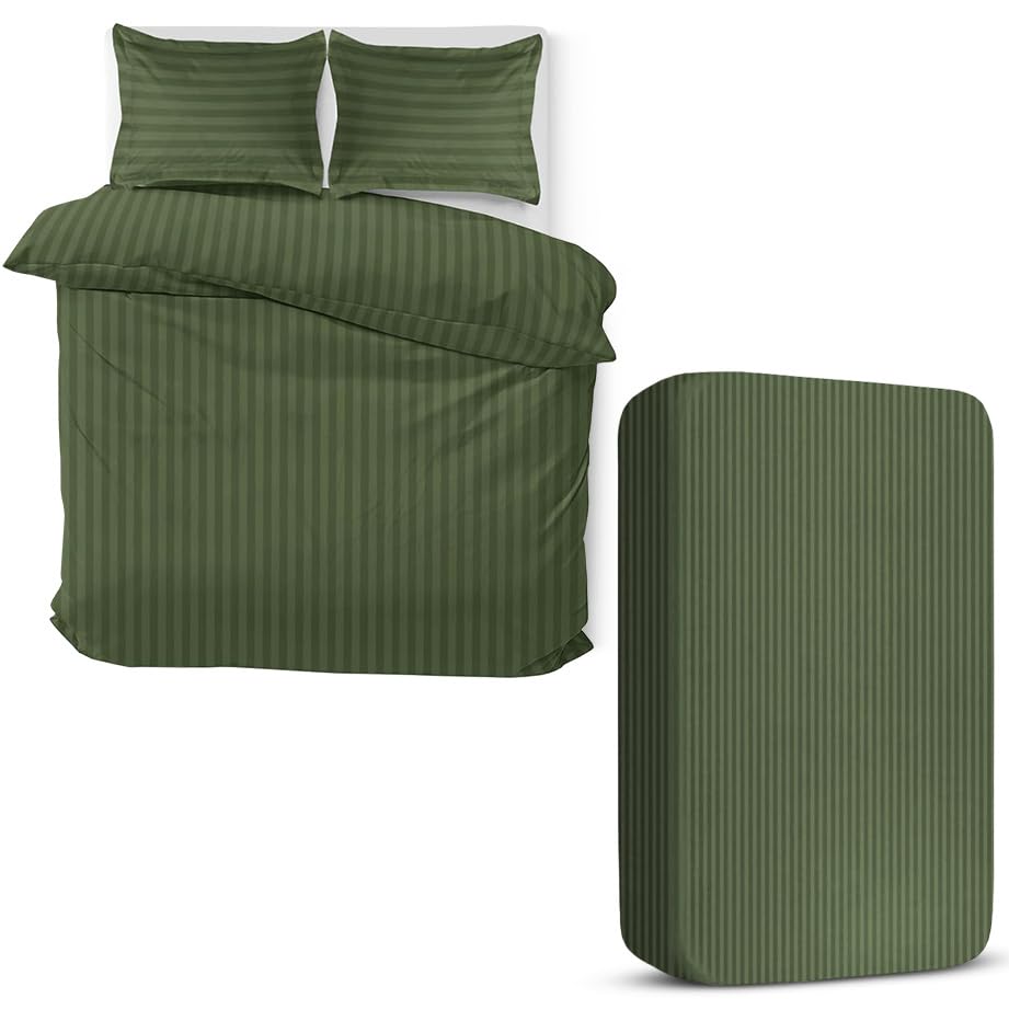 MOONLIGHT20015 4 Piece King Bedding Set Satin Stripes Duvet Cover Fitted Sheet with Pillow cases Hotel Quality Soft Brushed Microfiber Olive Green โ image 1